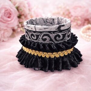 SIGNED Wide Cuff Black & Gold Ruffle Bracelet Handmade Goth Romantic Victorian